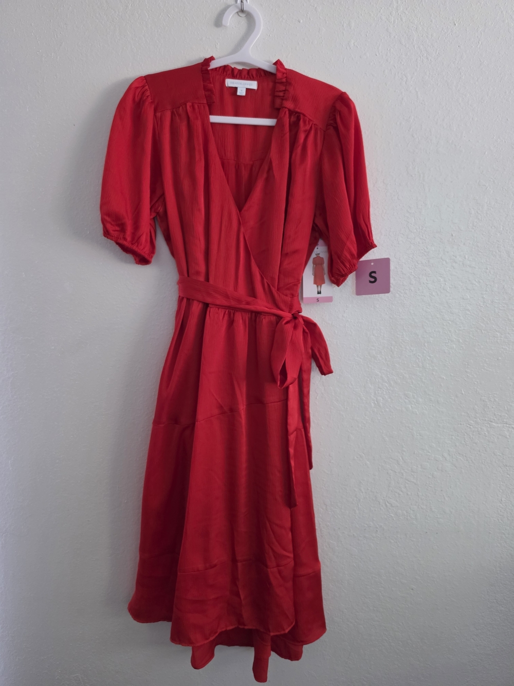 Draper James Red Wrap Midi Dress with Puff Sleeves